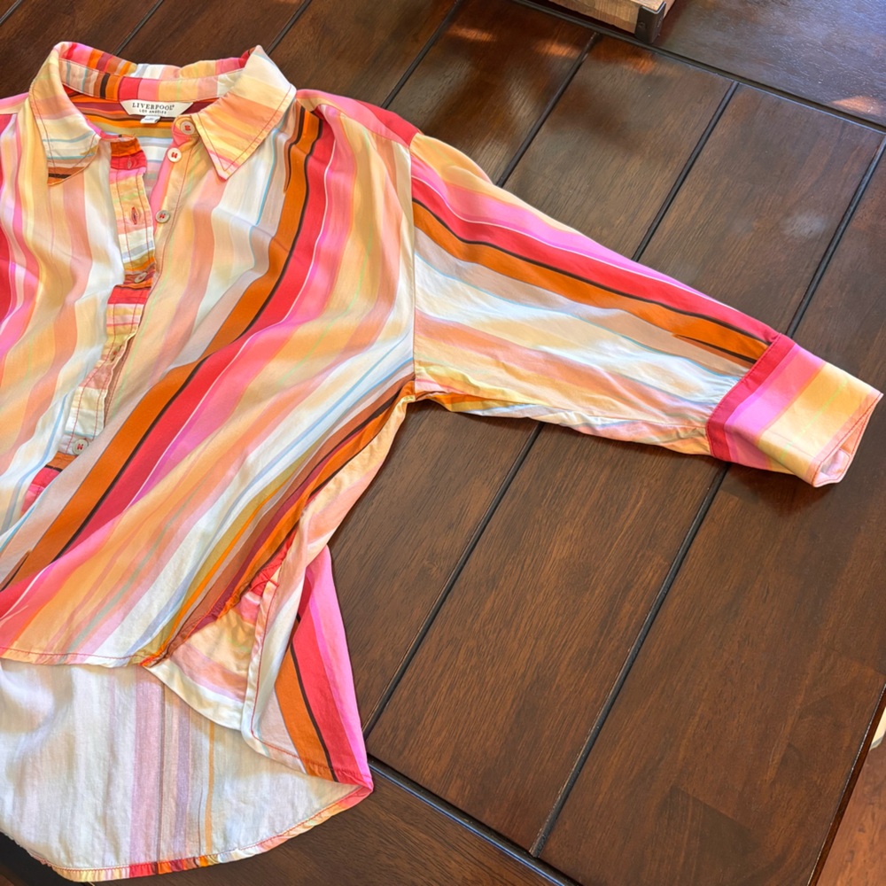 Liverpool Los Angeles Berry Blossom Pink & Orange Striped Button Up Shirt Size M - Picture 7 of 8